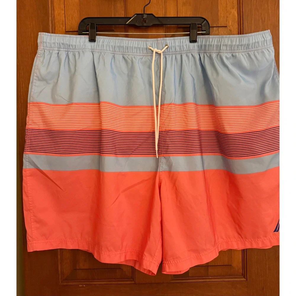 Nautica Swim‎ Trunks Mens 6XL Striped Coral/Blue Mesh-Lined Board Shorts
